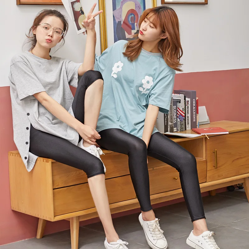 

2021 new factory wholesale spring and autumn elastic thin ladies black tights leggings slimming step shiny pants long pants jack