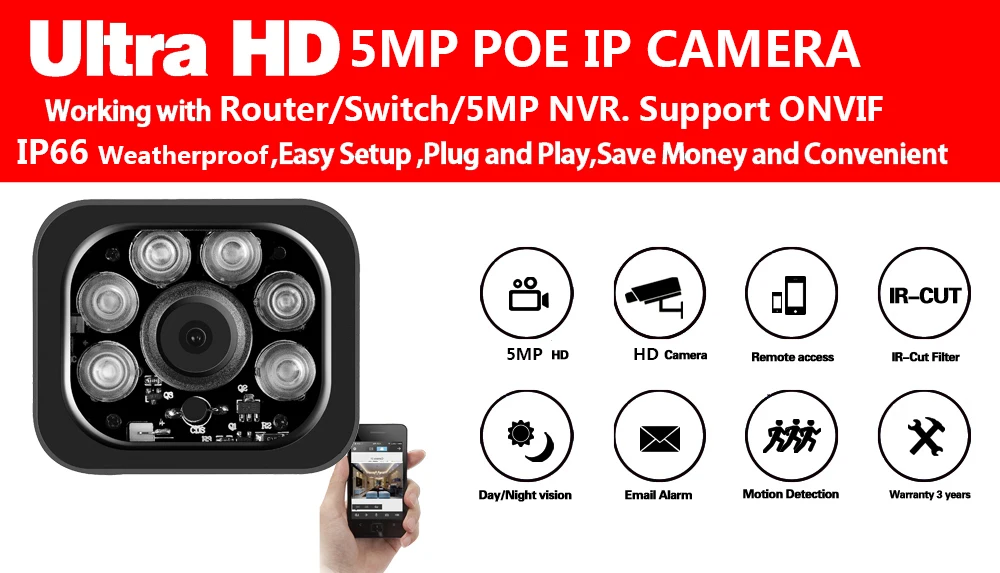 5MP POE IP камера водонепроницаемая Onvif день/ночь Открытый 802.3af plug and play детектор движения IR-CUT фильтр ip poe камера безопасности