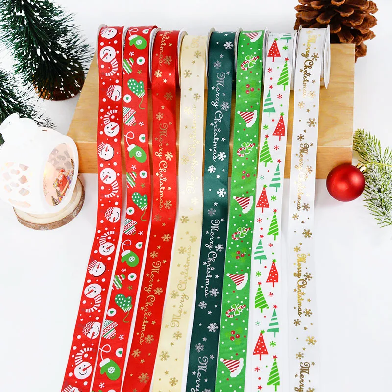 

10Yards 25mm Christmas Ribbon Printed Grosgrain Bronzing Ribbons Gift Wrapping Hair Bows DIY Sewing Fabric Christmas Decorations