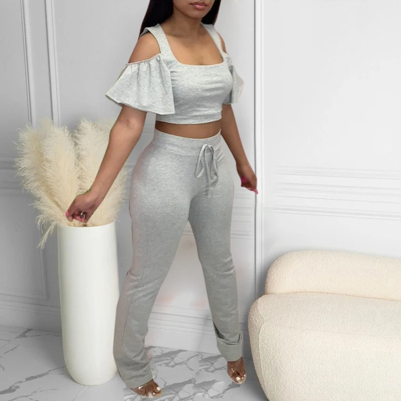 

2021 New Fashion Women Casual Two Pieces Sets Cold Shoulder Crop Top & Draw String Bodycon Pants Set