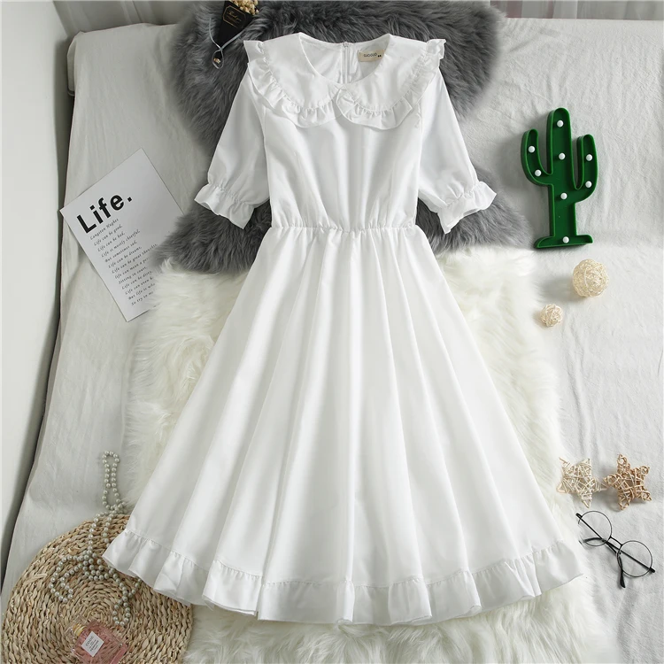 Летнее белое платье с оборками сказочное воротником питер пэн и высокой талией