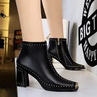 metal square toe women shoes 2020 new rock style retro rivet woman ankle boots pu leather ladies high heels warm fashion boots