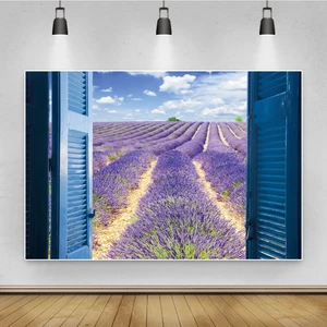 Laeacco Blue Window Lavender Field Scenery Potography Backgrounds Seamless Photophone Photographic Backdrops For Photo Studio