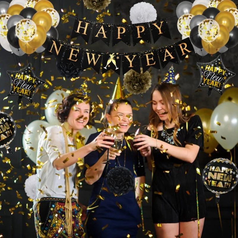 

New Year Party Decoration Happy New Year Letter Pulling Flag Banner New Year's Eve Balloon Decoration Set
