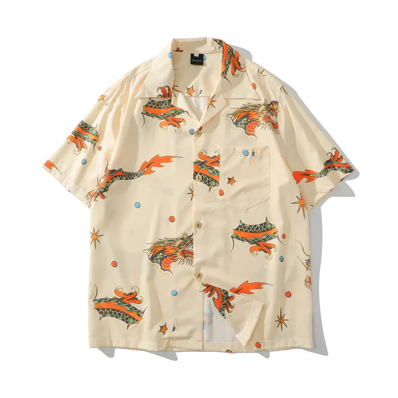 Рубашка мужская с принтом китайского дракона модная блузка коротким рукавом