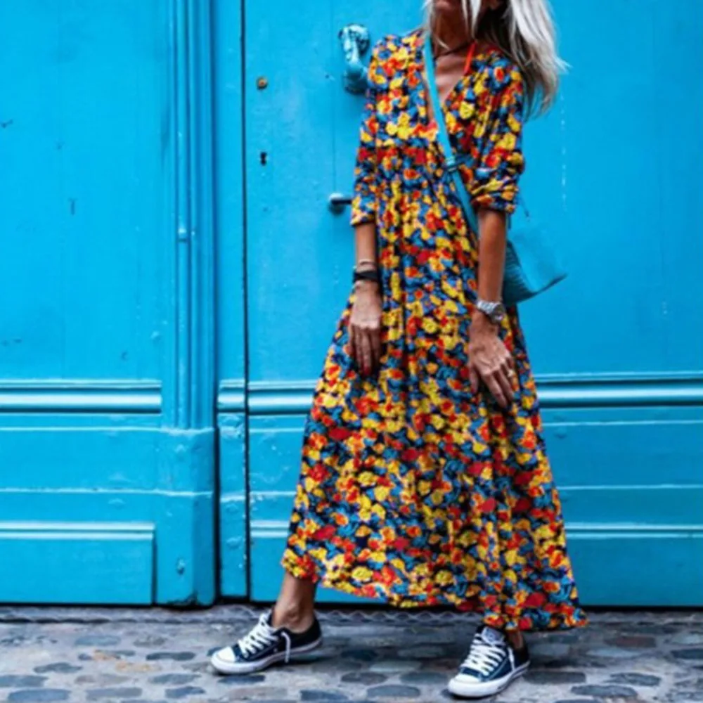 

Autumn New 2021 Fashion Printing Womens Dress Casual Temperament V-neck Long Sleeve Simplicity Loose Western Style Women Dress