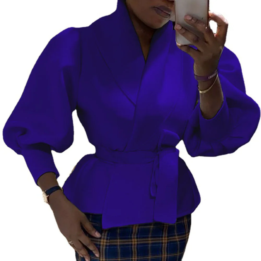 

V-neck Lantern Sleeve Ruffle With Belt Women's Blouse Solid Color Autumn New 2021 Europe America Fashion Temperament Casual