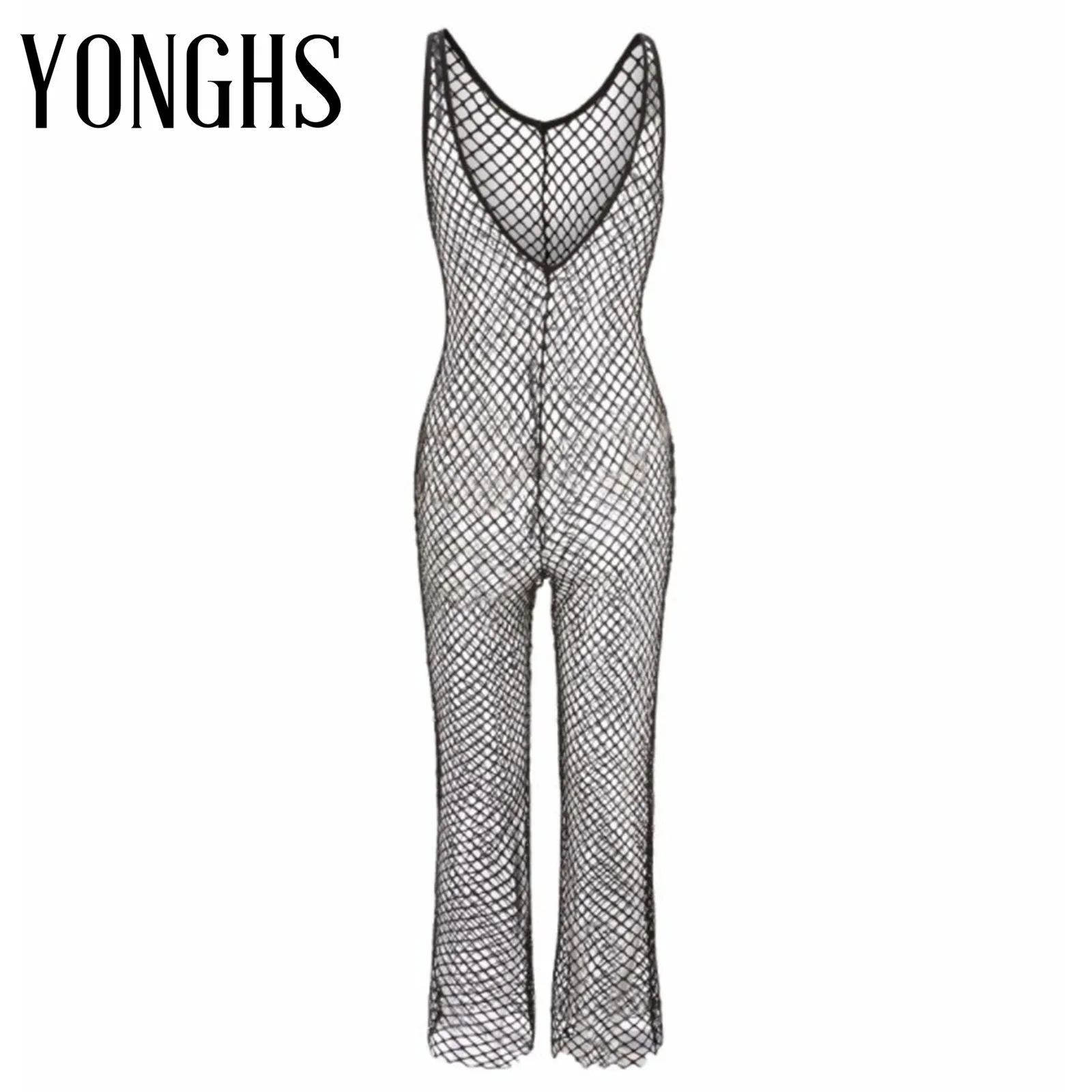 

Womens Lingerie See-throughBodysuit Catsuit V Neck Backless Hollow Out Fishnet Mesh Jumpsuit Nightclub Hot Sexy Show Costume