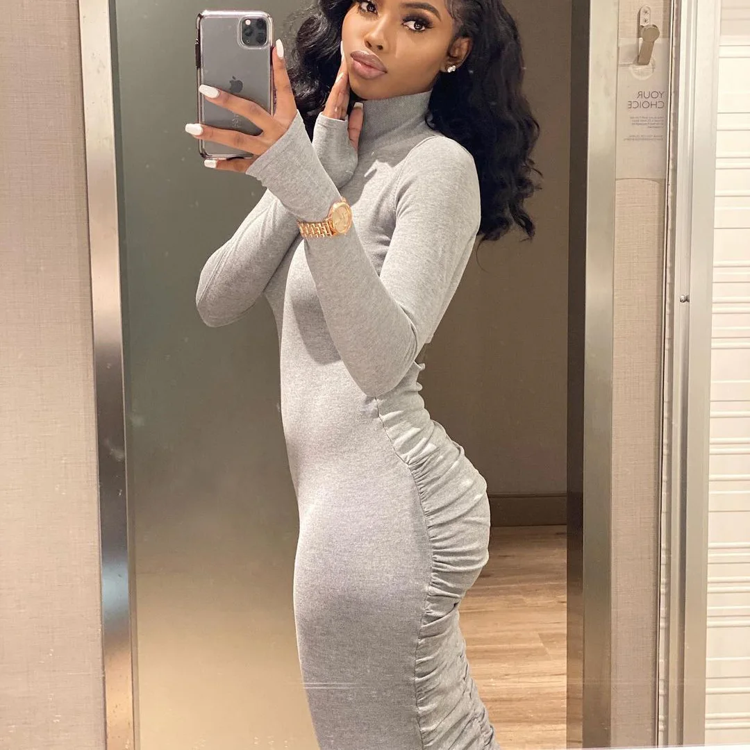

Aniow Solid Turtleneck Long Sleeve Midi Dress Skinny Fitness Hollow Dress Robe Femme Pleated Stacked Vestidos Sping 2022
