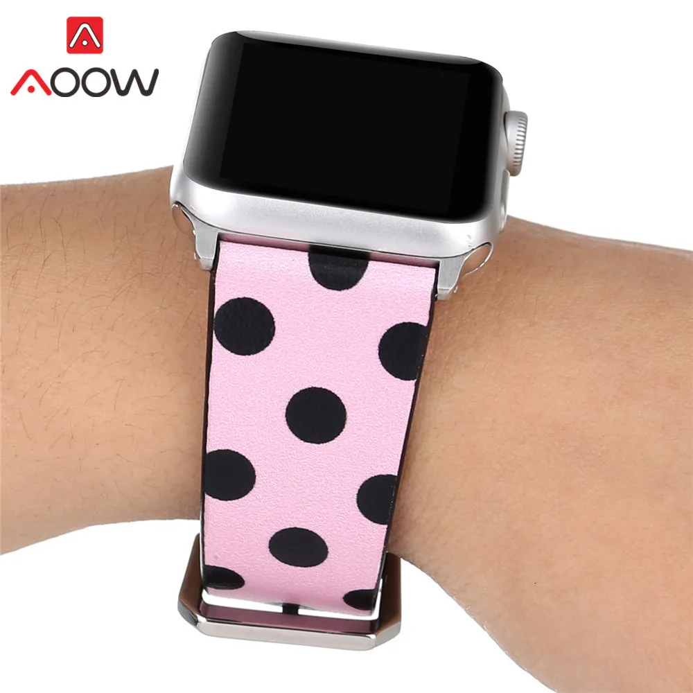 Кожаный ремешок для часов Apple Watch 40 мм 44 мм 38 мм 42 мм черный белый розовый узор в горошек браслет ремешок для iWatch 1 2 3 4