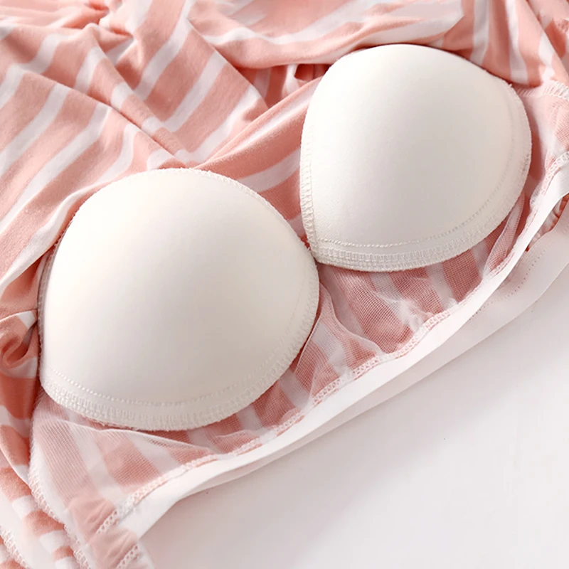 Summer Women Modal Homewear Female Pajamas Sets Plus Size Sleepwear Suits Short-Sleeve 2Pieces Pink Striped Pijama With Bra Pad