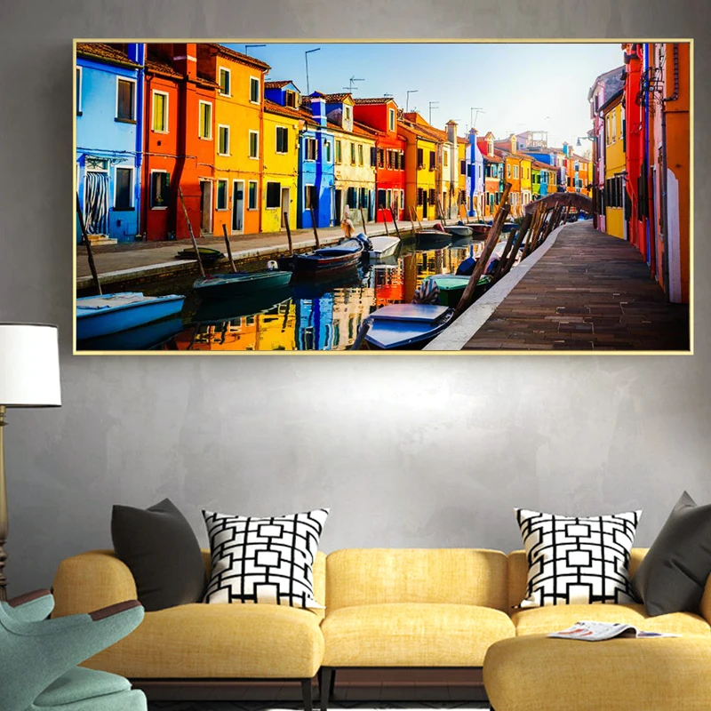 

Cityscape Boats Canvas Art Posters and Prints Wall Art Canvas Painting Venice Water City View Picture for Living Room Decor