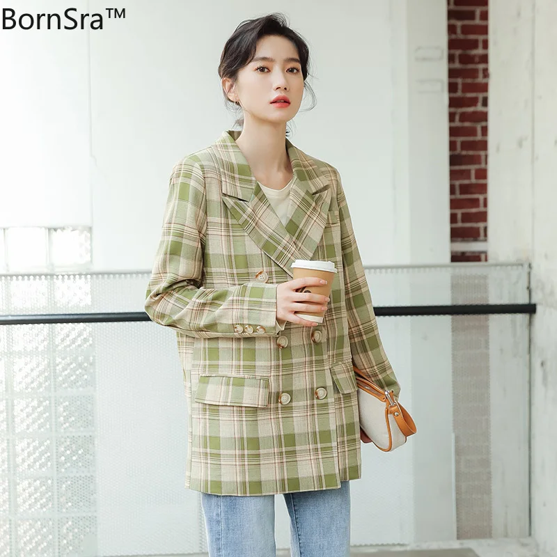 

Bornsra 2020 Autumn Plaid Single Breasted Women Blazer Office Lady Koreans Womens Blazer Female