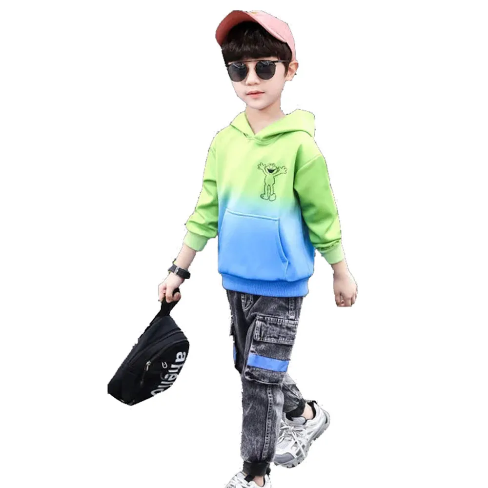 

Spring & Autumn Denim Boy Sets New 2021 Korean Version Fashion Movement Hooded Cowboy 2-Piece Casual Print Children's Clothing