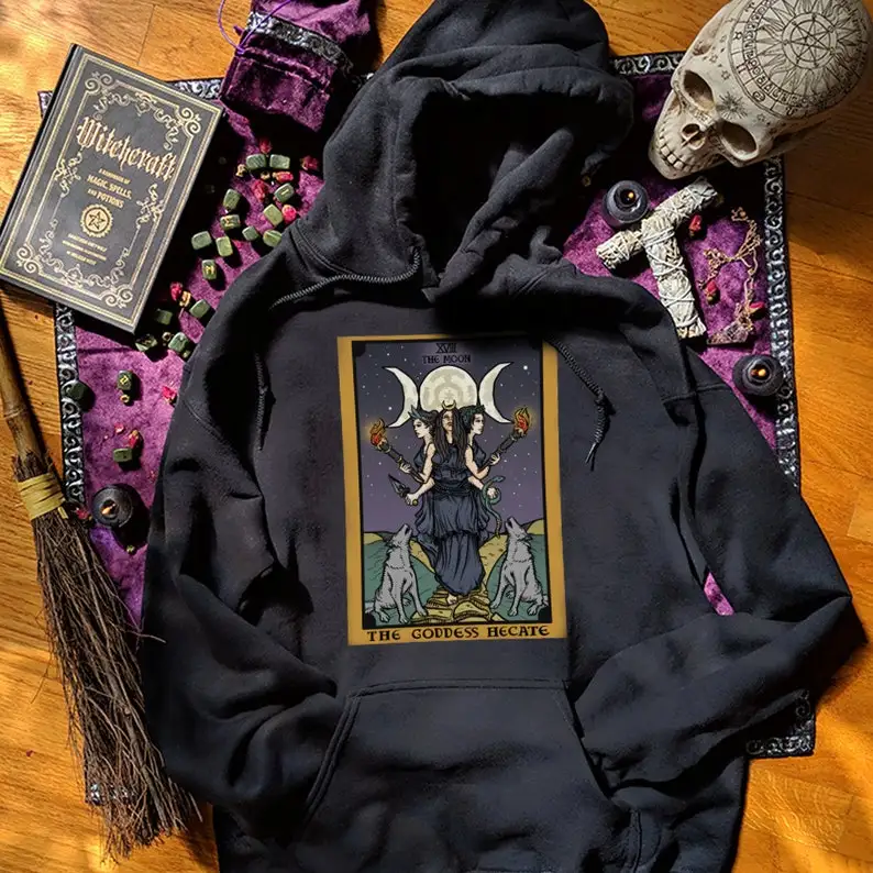 

Hecate Triple Moon Goddess Symbol Hekate Tarot Card The Moon Hoodie Plus Size Witch Clothing Witchcraft Gift Pagan Witchy