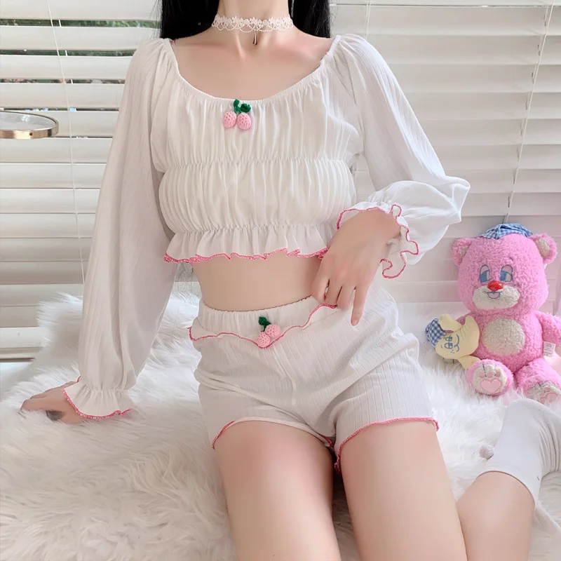 Cherry Girly Lace Sweet Homeware Suit Y2k Pajamas Pants Suits Women Kawaii Girl Spring Long Sleeve Crop Top Shorts Pajamas 2 pcs