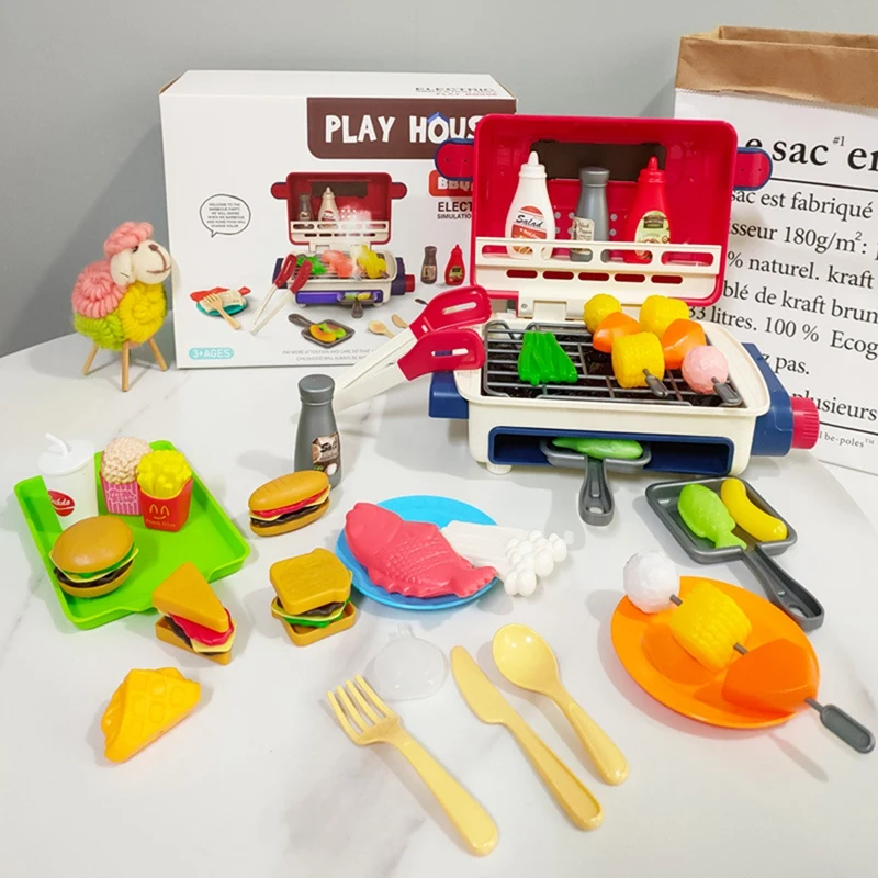 

Детский гриль для барбекю, кухонные игрушки, миниатюрная электрическая игра для барбекю, имитация еды, набор музыкальсветильник Ки, ролевые...
