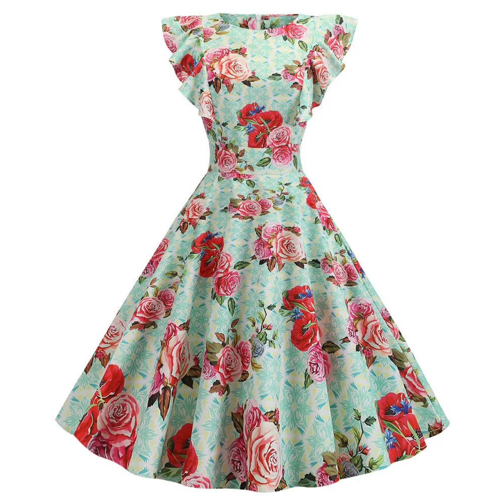 2019 Цветочные женские Ретро Винтажные летние платья рукав-лепесток элегантное