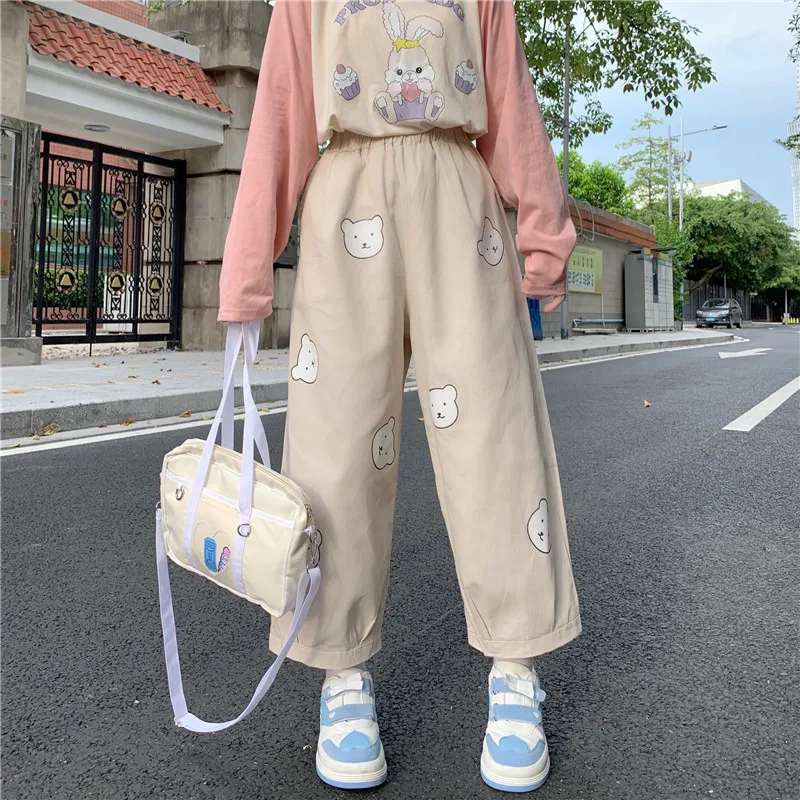 

Japanese Kawaii Soft Girl Cute Bear Printing Women Pants Basis Wild High Waist Loose Trousers Elastic Waist Casual Student Pant