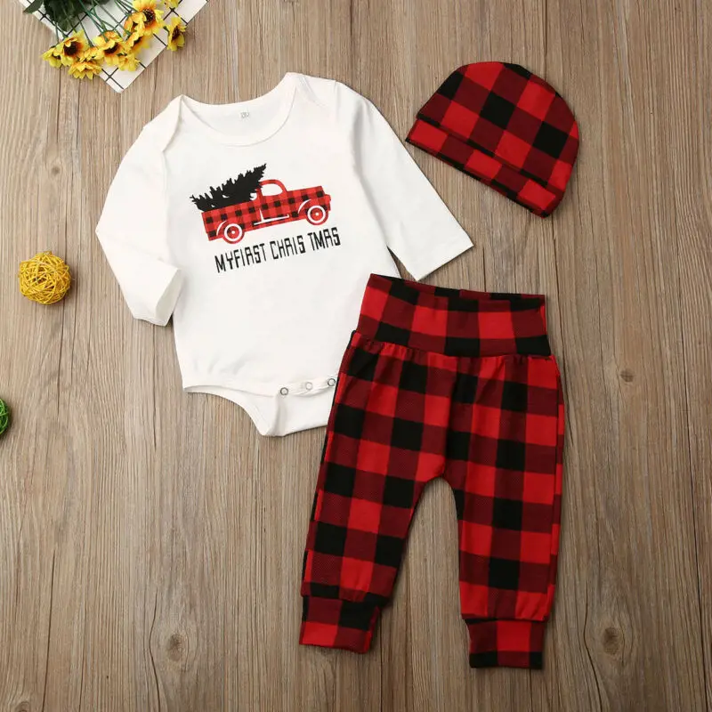 Newborn Baby Boys Girls Christmas Long Sleeve Bodysuit White Letters Print Tops Red Plaid Pants with Cap 3pcs Kids Clothes | Детская