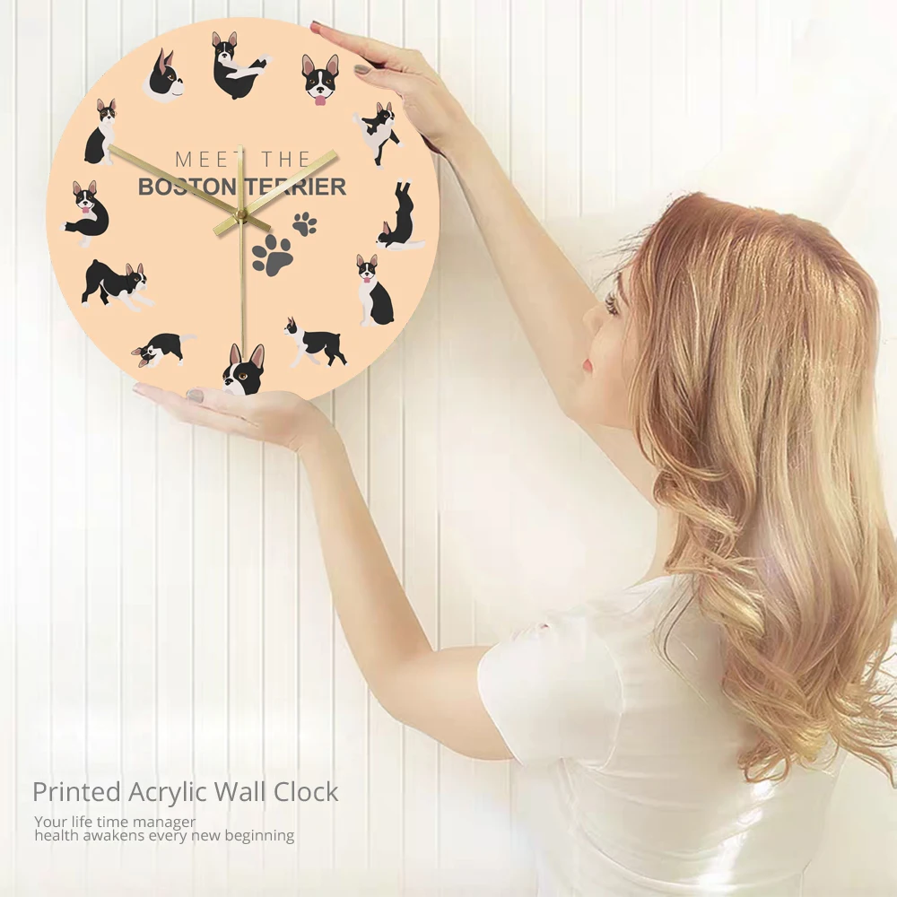 

Boston Terrier Dog Healthy Rounded Acrylic Wall Clock Boxwood Puppy Yoga Poses Clocks Wall Home Decor Modern Design Boston Bull