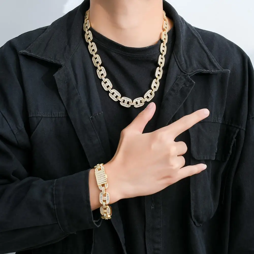 

Hip Hop Necklace Pig Nose Link Chain 16mm Iced Out Bling Coffee Choker Gold Silver Color Cuban Men's Rap Dancer Fashion Jewelry