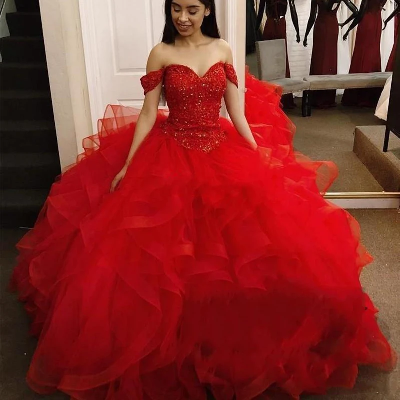 

Бальное платье с оборками, платье на выпускной, платье с открытыми плечами и бусинами, милое вечернее платье с кристаллами для 16 вечеринок, н...