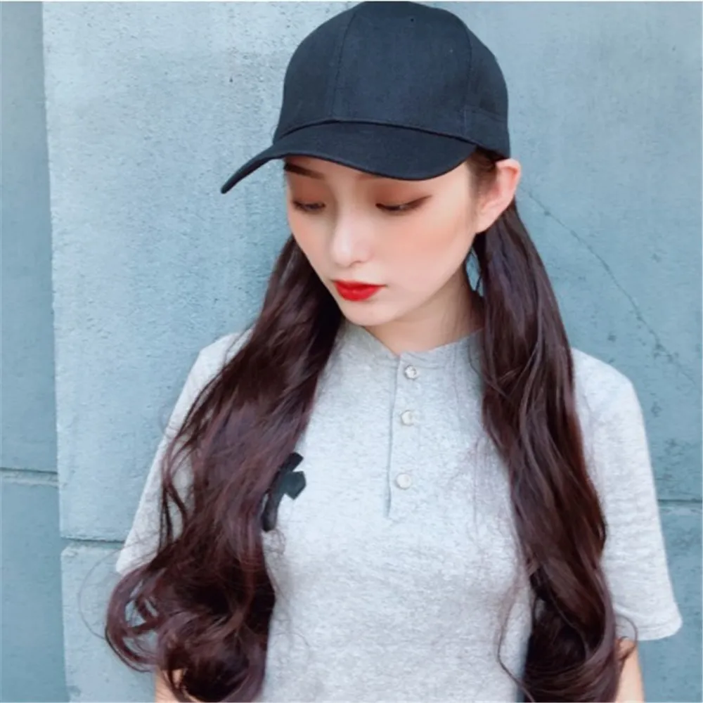 New Long Synthetic Baseball Cap Wig Natural Color Curly Wigs Naturally Connect Synthetic Hat Wig Adjustable For Girls Women