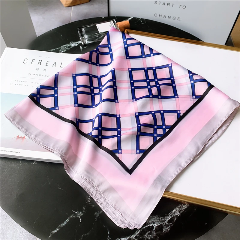 

New Plaid Square Silk Scarf Hair Neck Women Bandana Female Foulard Shawl Lady Wraps Small Spring Neckerchief Scarves Summer 2021