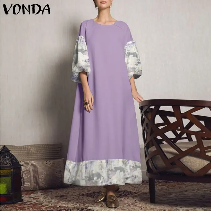 

VONDA женское 2021 винтажное лоскутное длинное платье повседневное свободное праздничное платье с рукавом 3/4 пляжное платье большого размера ж...
