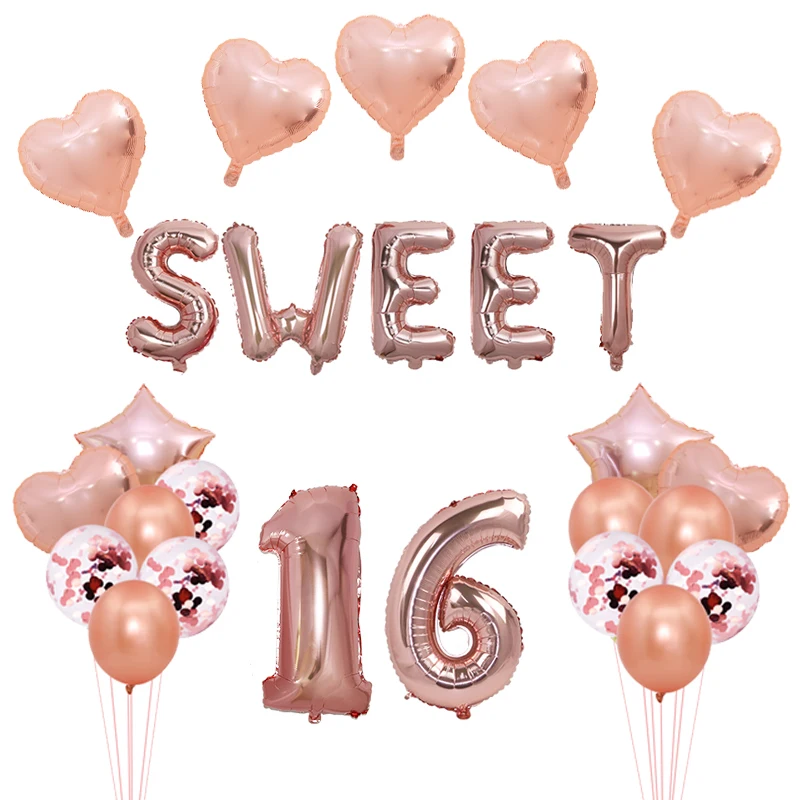 Вечерние шары из розовой фольги 16 милых шариков золотого и серебряного цвета
