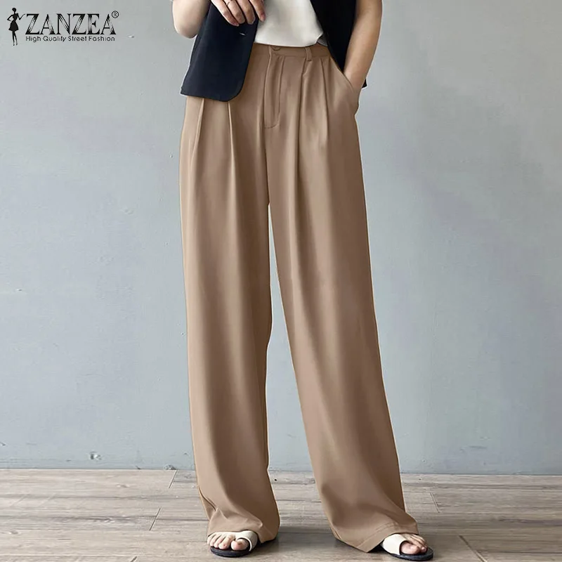 

ZANZEA 2021 Autumn Female Casual Baggy Pantalon Zipper Button Pant Culottes Oversized Palazzo Women Stylish Solid Office Trouser