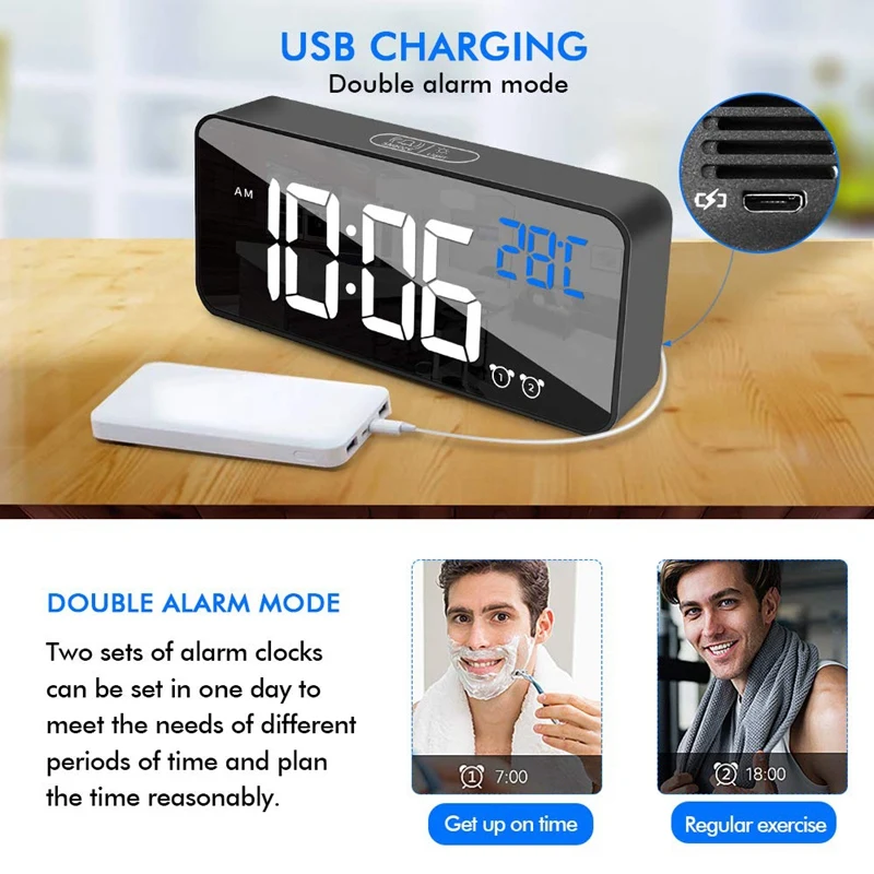 

Digital Alarm Clock for Bedrooms LED Display with USB Port Charger,12/24 H,2 Alarms Clock,Temperature Detection,0-100% Brightnes