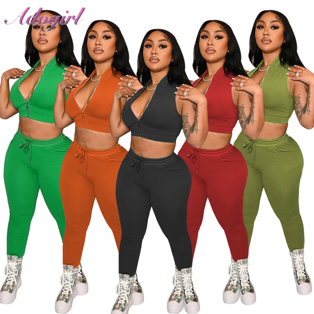 

Fitness Women Sporty Two Piece Set Solid Sleeveless Zip Vest Crop Tops Baseball Leggings Sweatpants Suit Outfit Jogger Tracksuit