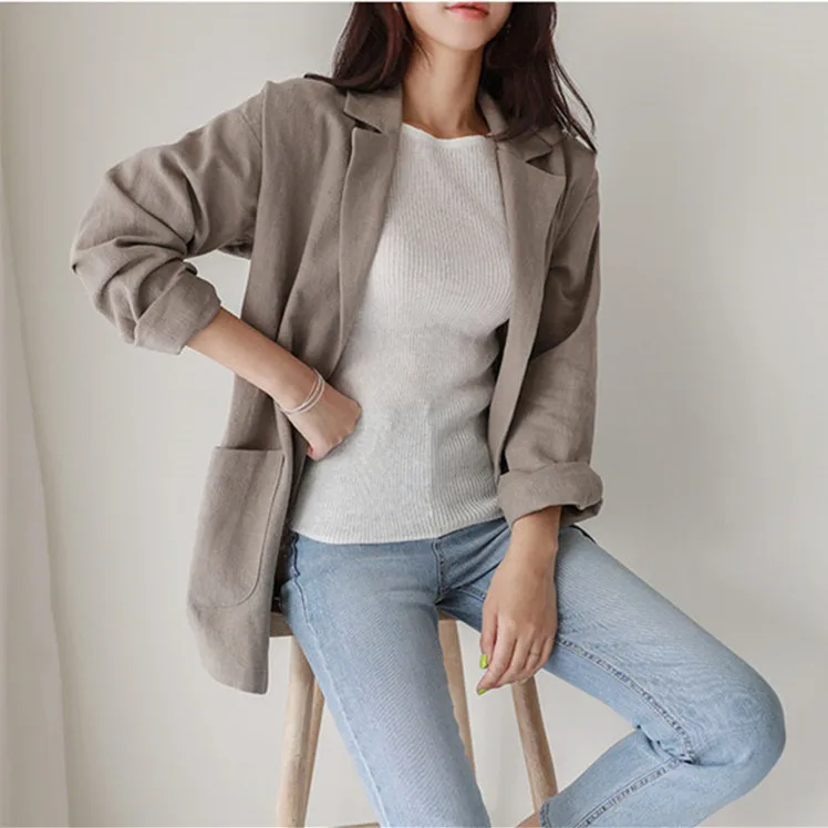 

Office Ladies Notched Collar Cotton And Linen Women BlazerOne Button Autumn Jacket 2021 Casual Pockets Female Suits Coat