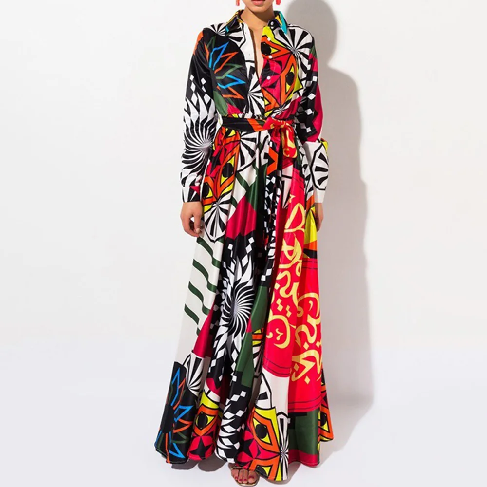 

Женское платье с отложным воротником, длинное Повседневное платье макси с высокой талией, 2021