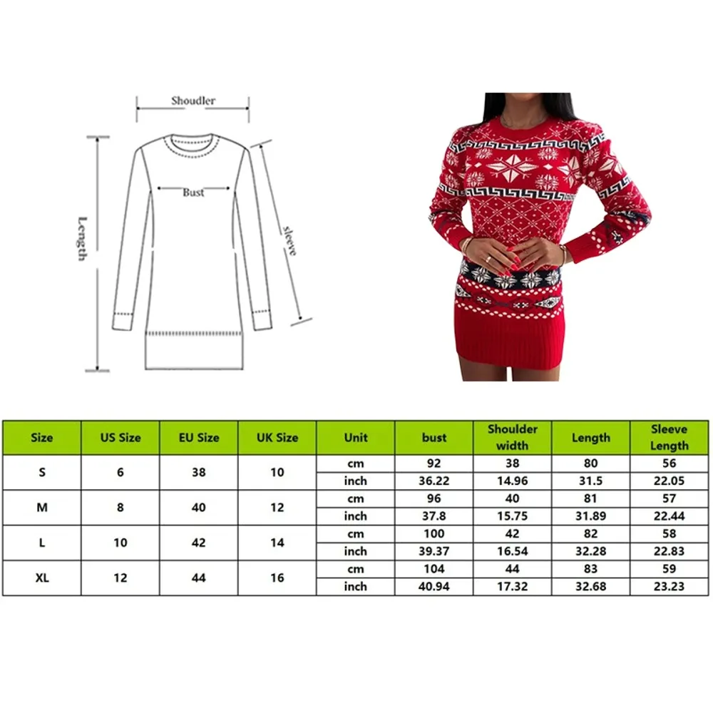 

Women O-Neck Skinny Knitted Dress Autumn Printed Long Sleeve Casual Elegant Mini Sweater Dress Winter Warm Clothes