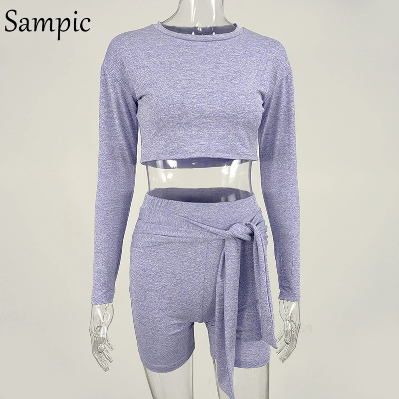 

Sampic Women Fashion Sets O Neck Casual Long Sleeve Shirt Tops And Biker Bodycon Shorts Two Piece Sets Outfits Botton Suit