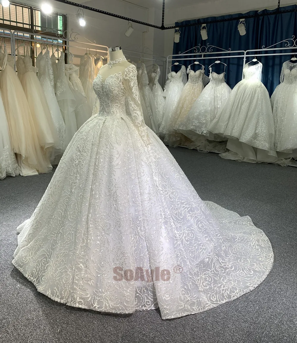 SoAyle High Neck Long Sleeves Lace Wedding Dress Heavy Beading Luxury Ball Gown Wedding Dresses for Women vestido de novia