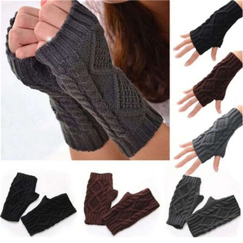 

Thick Soft Knitted Woolen Gloves Women Combing Fine Wool Cable Fingerless Gloves Warmers Thumb-hole Arm Sleeve Winter Gloves