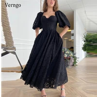 verngo 2021 black full lace evening party dresses with half puff sleeves heart shape neck buttons front ankle length prom gown