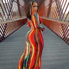Женское облегающее платье макси в разноцветную полоску с V-образным вырезом и длинным рукавом, праздничное элегантное модное уличное платье Y2k в винтажном стиле, размера плюс