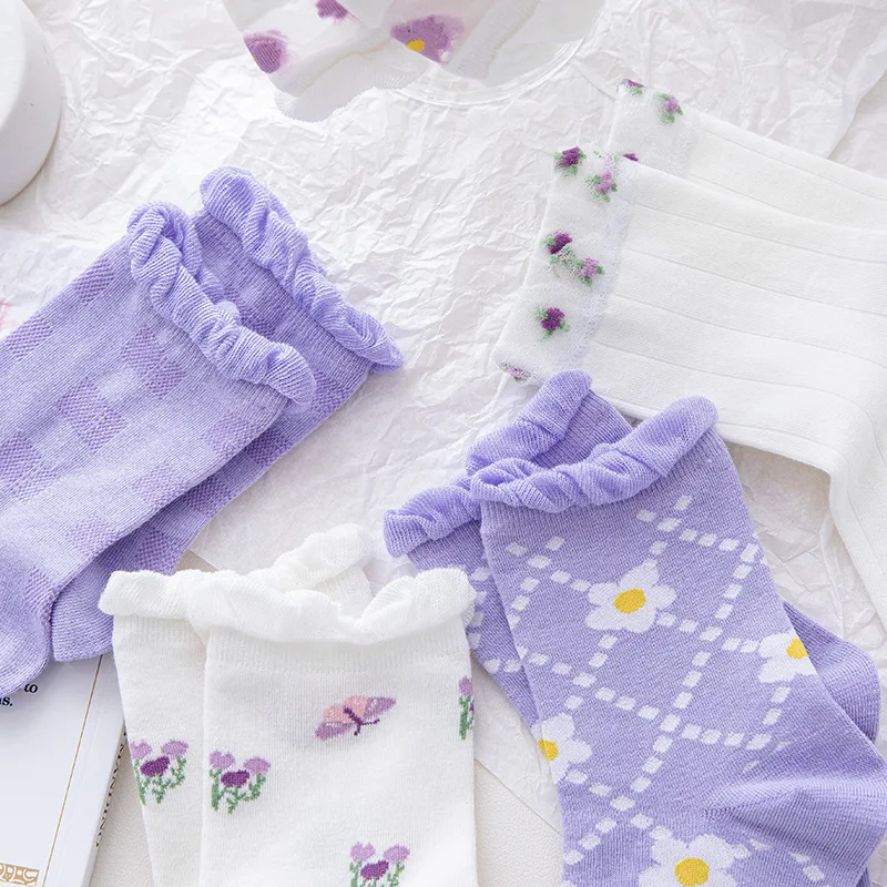 SP&CITY Summer Thin Women Socks Kawaii Lolita Socks Purple Floral Print Japanese Socks With Ruffles Cotton Breathable Absorbent