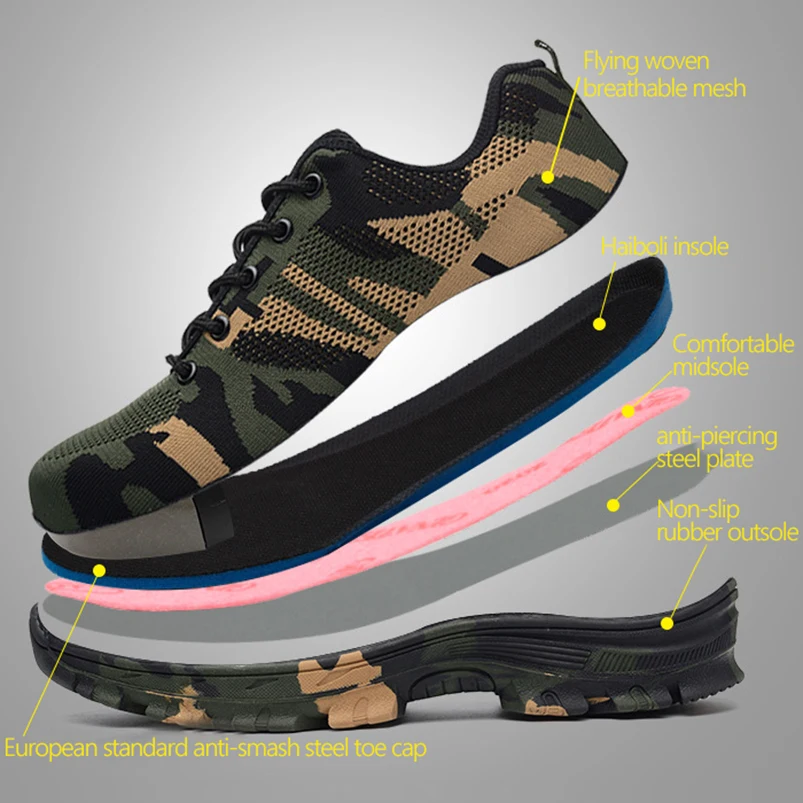 zuoxiangru Camo Safety Work Shoes Boots For Men Male Protective Steel Toe Cap Anti-Smashing Construction Snea | Обувь