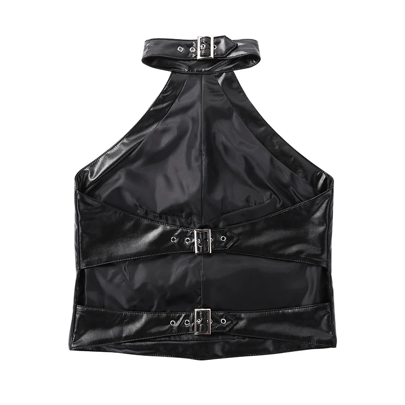 Женские сексуальные топы с эффектом мокрого вида черная искусственная кожа