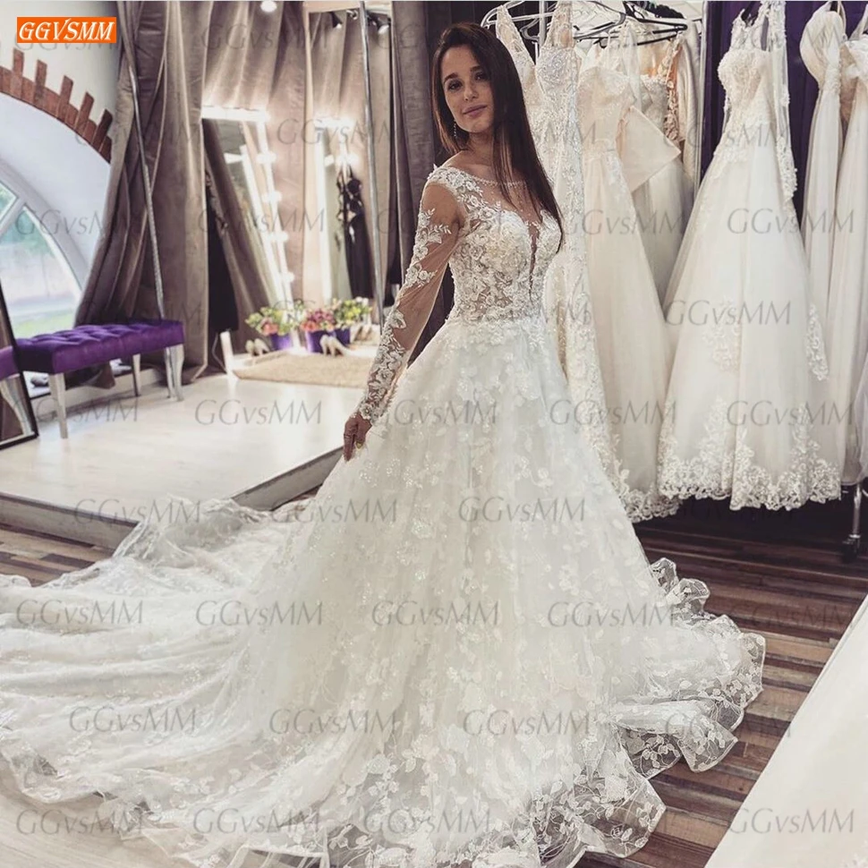 

Elegant White Lace Wedding Gowns 2020 Long Sleeves Appliqued Women Ivory Boho Bridal Dresses Corset Custom Made vestido de novia