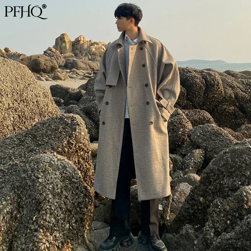 

PFHQ корейское шерстяное пальто, Мужская модная красивая накидка средней длины, осенне-зимняя утепленная шерстяная ветровка, куртки