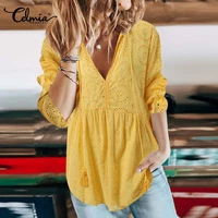 celmia women long puff sleeve smcok hollow out lightweight sexy deep v neck casual peplum shirts bandage 2022 elegant blouses
