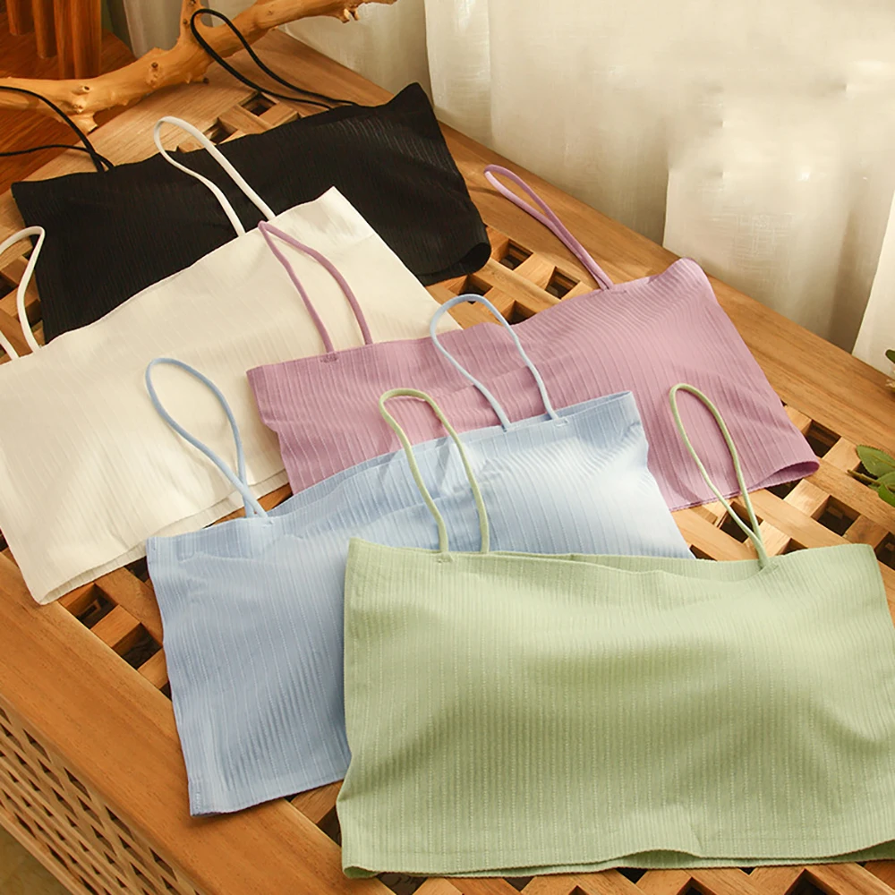 Girl Ice Silk Camisoles with Chest Pad Superfine Shoulder Strap Underwear Brassiere Women Sexy Camisole Pure Color