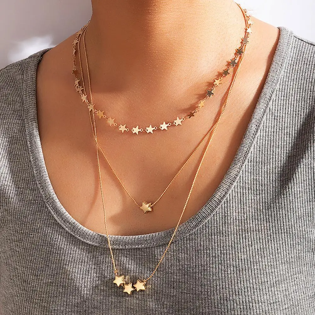 

70% 2021 New Choker Necklace Multilayers Solid Color Geometric Fashion Five-pointed Star Collarbone Chain for Gifts